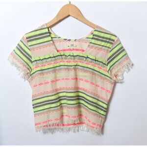 Nibi MTK Women's Blouse Cropped 100% Cotton Neon Geometric Pattern Sz S READ